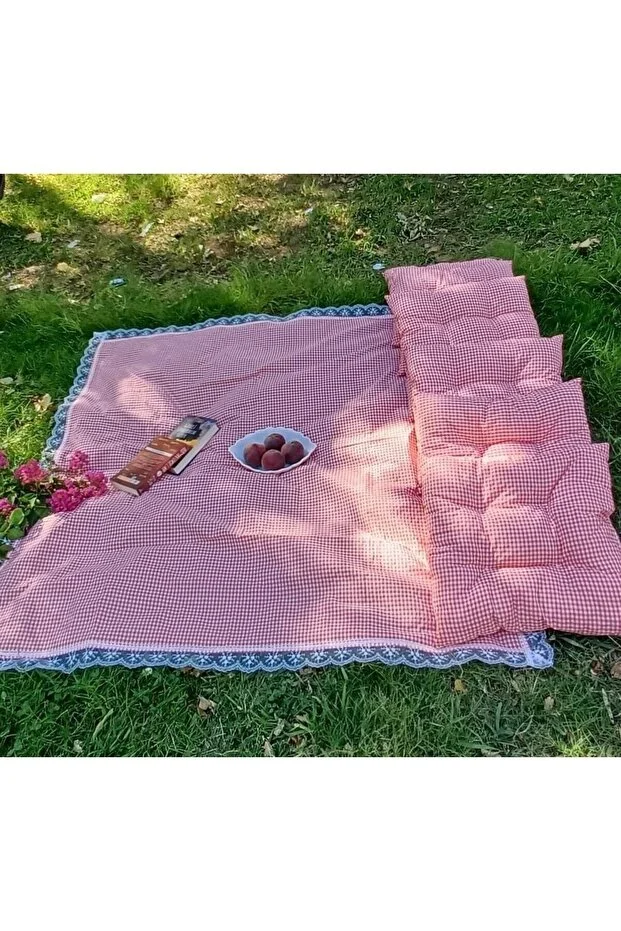Çok Amaçlı Turuncu Piknik Örtü Seti 6 Adet 40x40 Minder 170x170 Masa Örtüsü